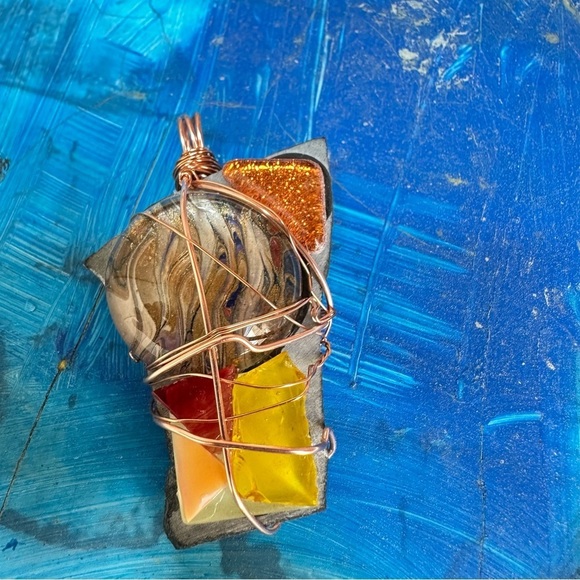 Pendant, wire wrapped, copper, jewelry, Handmade, hand, painted necklace 2204 - Picture 2 of 7